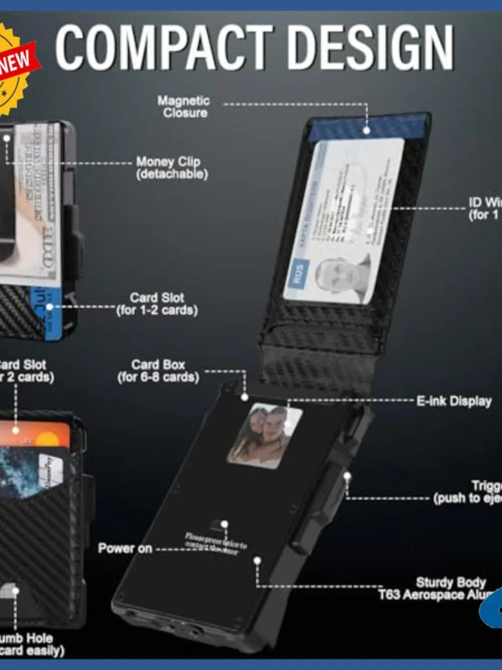 Aluminum RFID Blocking Bifold Wallet with E-Ink Display & Money Clip